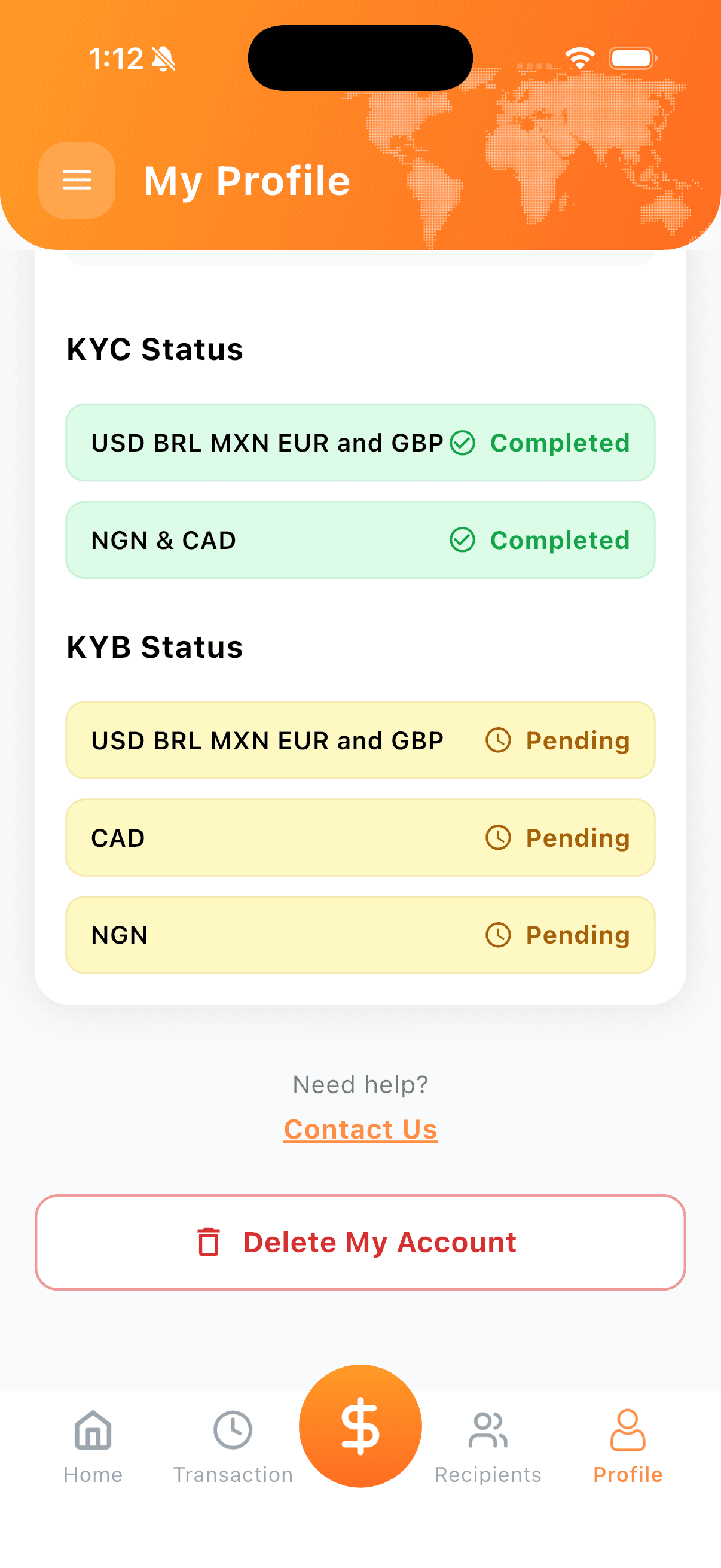 DapsyPay profile screen showing the Delete Account option