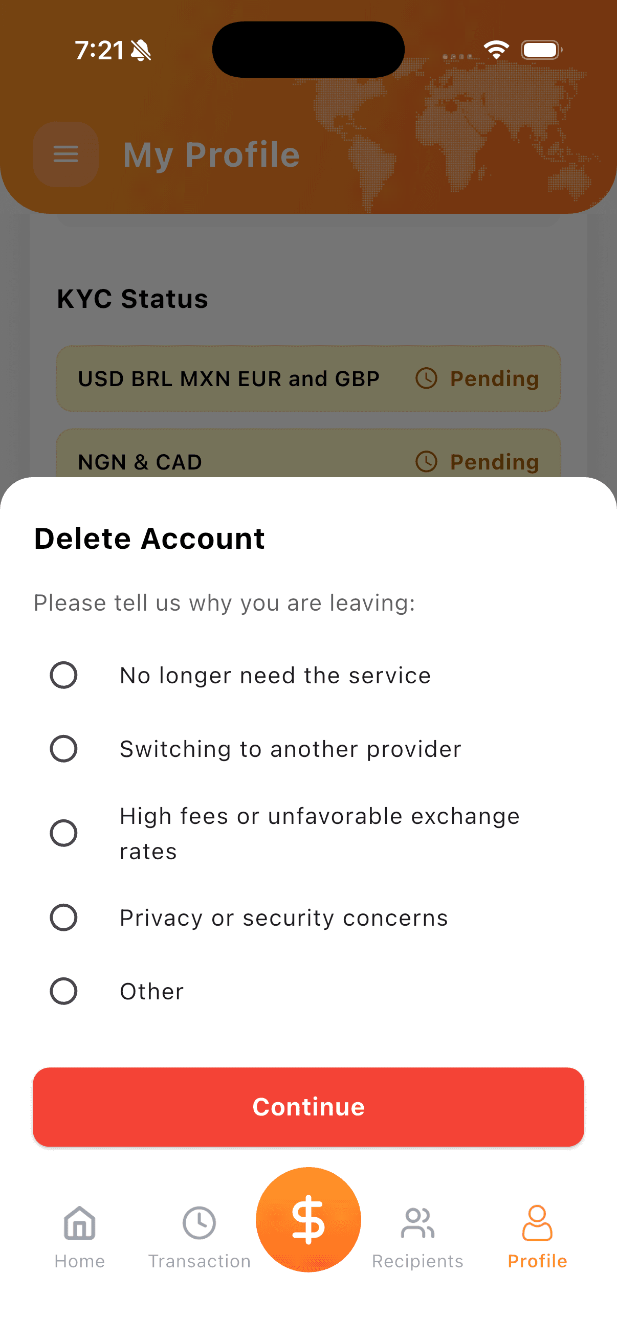 Delete Account modal with reason selection options