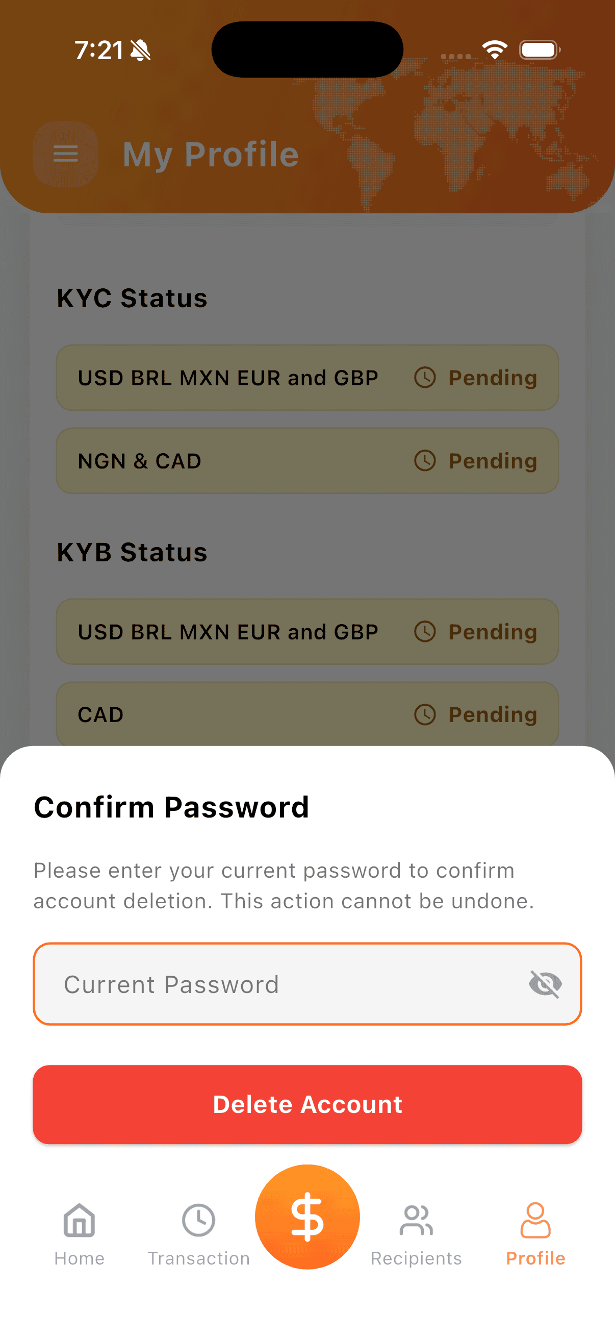 Confirm Password modal for account deletion